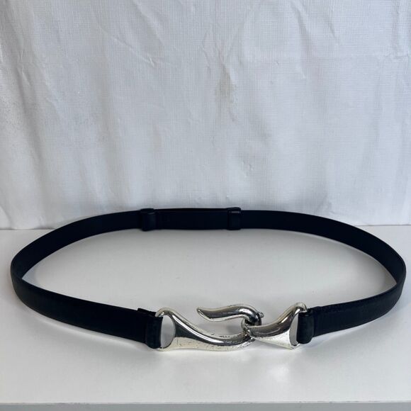 Chicos Statement Belt Silver Metal Hook Buckle Black Leather Adjustable MD** - Picture 9 of 9